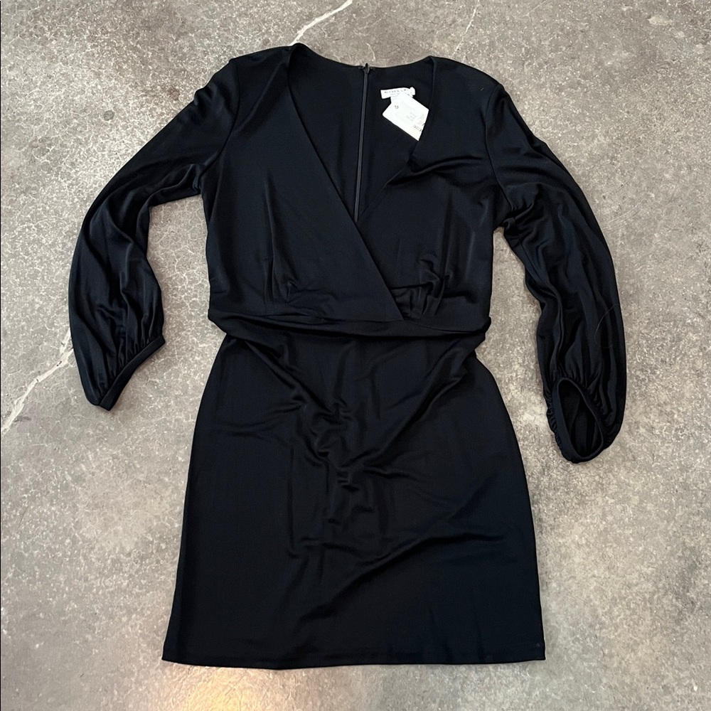 Nieves Lavi Silk Black Long Sleeve V-Neck Dress.